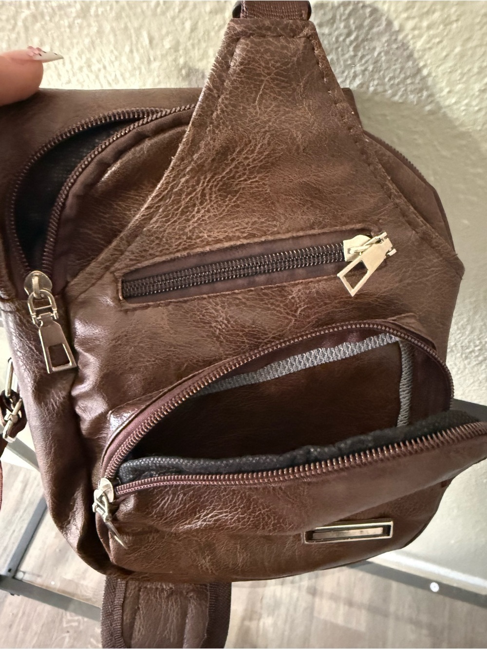 Brown Leather-Look Sling Backpack Crossbody Bag with USB Charging Port - Picture 7 of 7